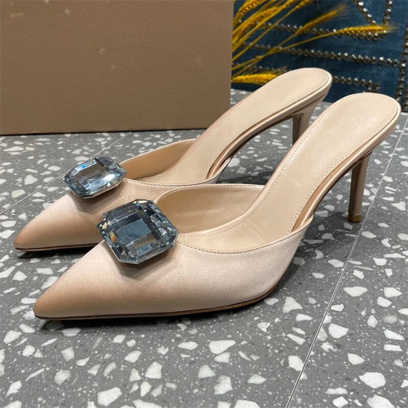 VCSHOES Rhinestone Diamond Buckle Decor Sandals Women Stiletto Heel Slingbacks Pointed Toe Satin Mules