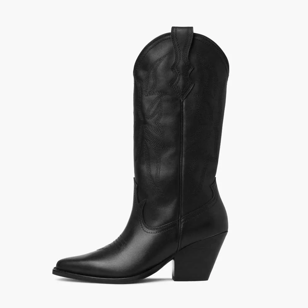 Chunky Heel Pointed Toe Pull On Western Mid Calf Boots in Black