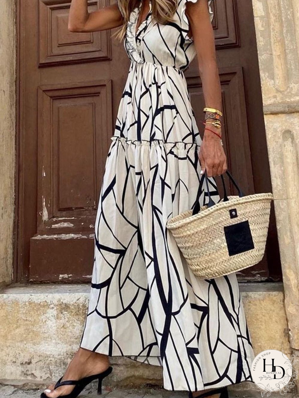 Tiered Maxi Dress with Abstract Faces