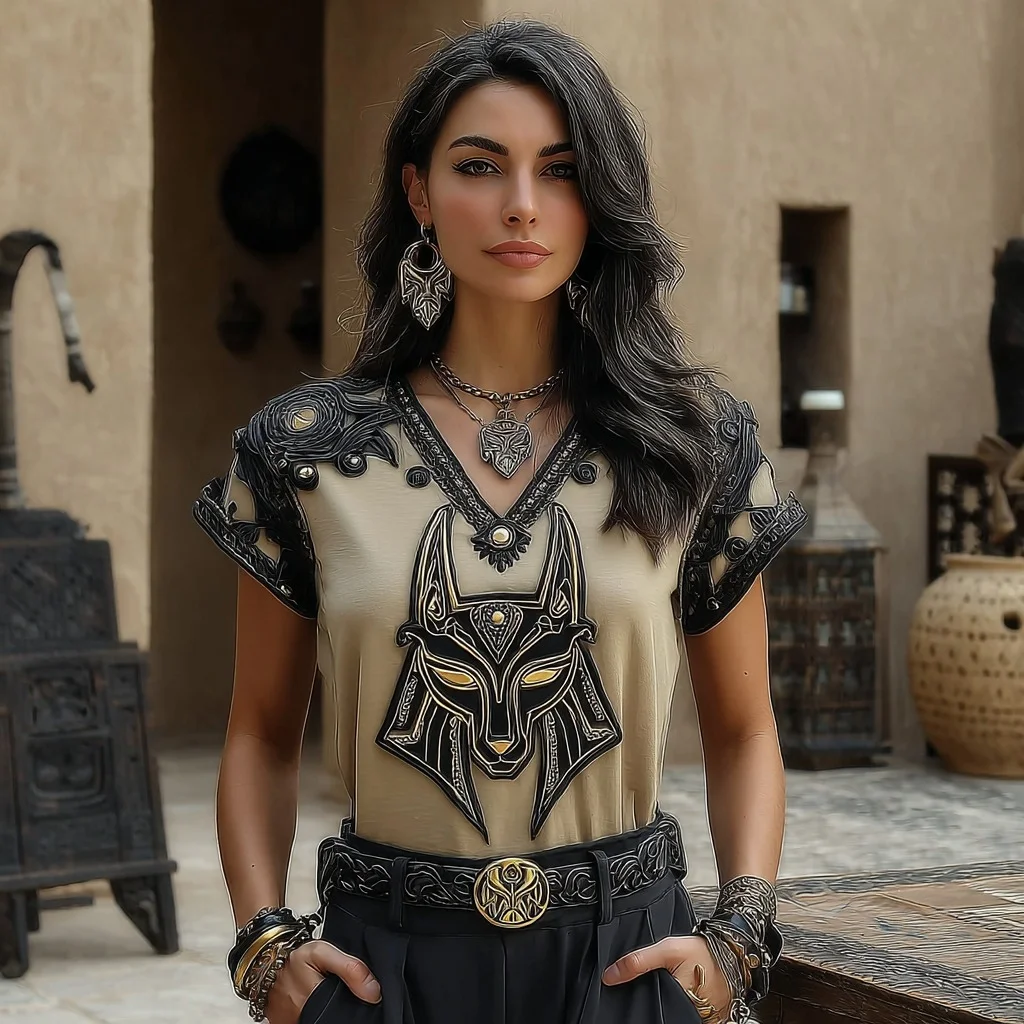 Women's Ancient Egyptian Anubis Art Pattern V-neck T-shirt