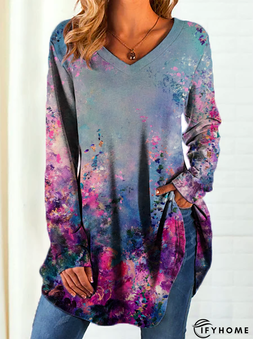 V Neck Floral Long Sleeve Tunic T-Shirt | IFYHOME