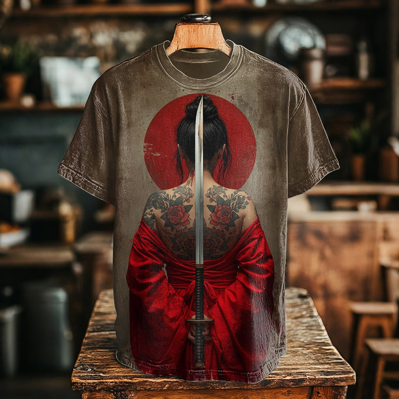 Comstylish Vintage Elegant Japanese Cool Warrior Girl Art Print T-shirt