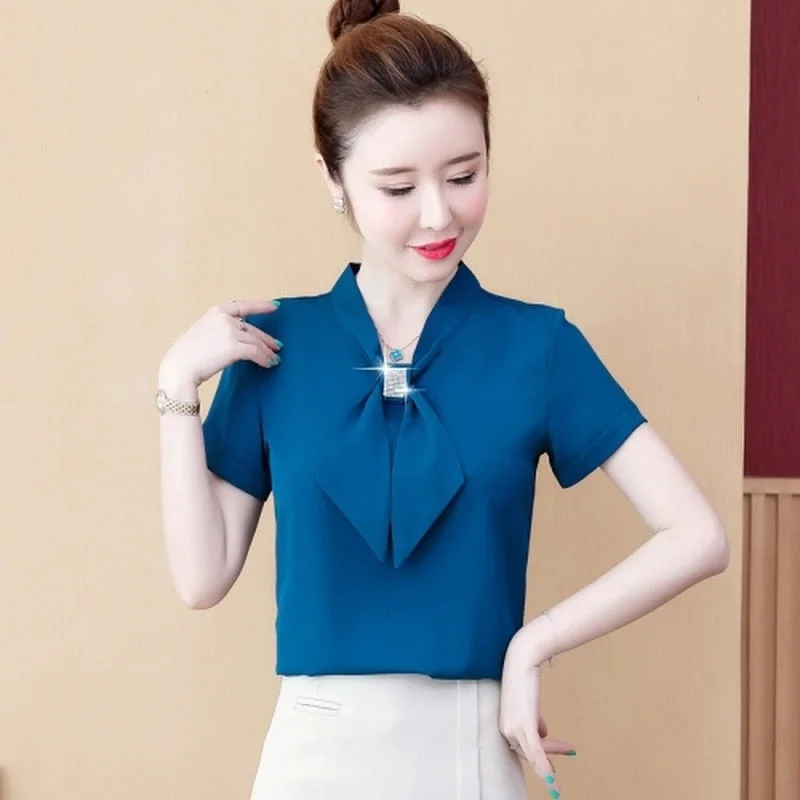 2021 Summer Bow Loose Solid Women Blouses and Tops Solid Bottom Shirts Elegant Fashion Short Sleeve Chiffon Women Shirts 9529