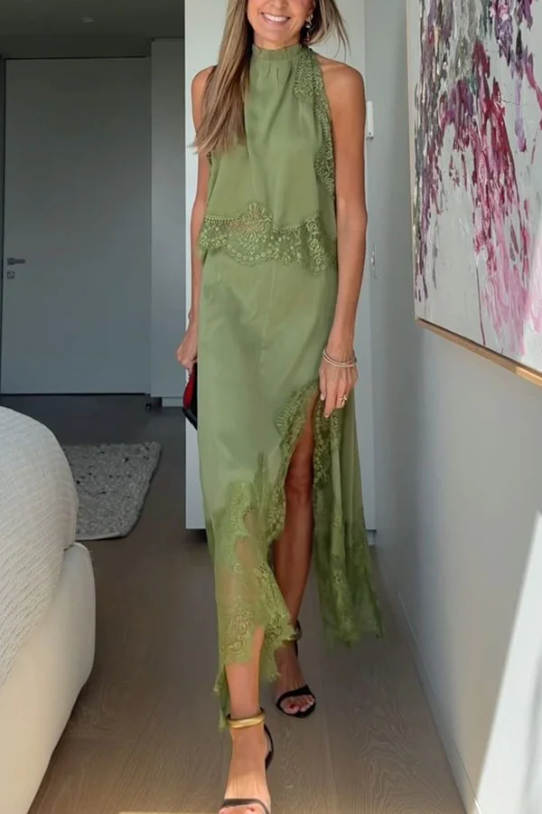 Modern Muse Satin Lace Trim Pleated Neck Top and A-line Irregular Slit Skirt Set