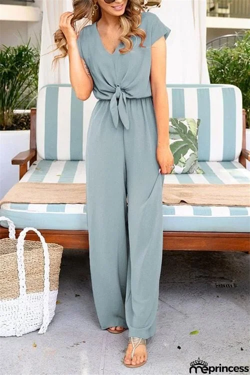 V Neck Knot Short Sleeve Jumpsuit