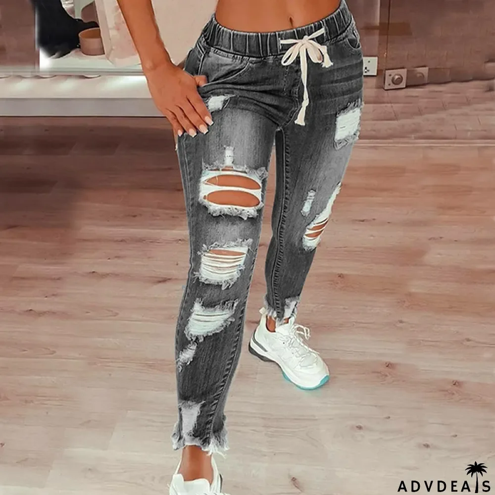 Women Mid Rise Lace-Up Stretch Slim Ripped Denim Trousers