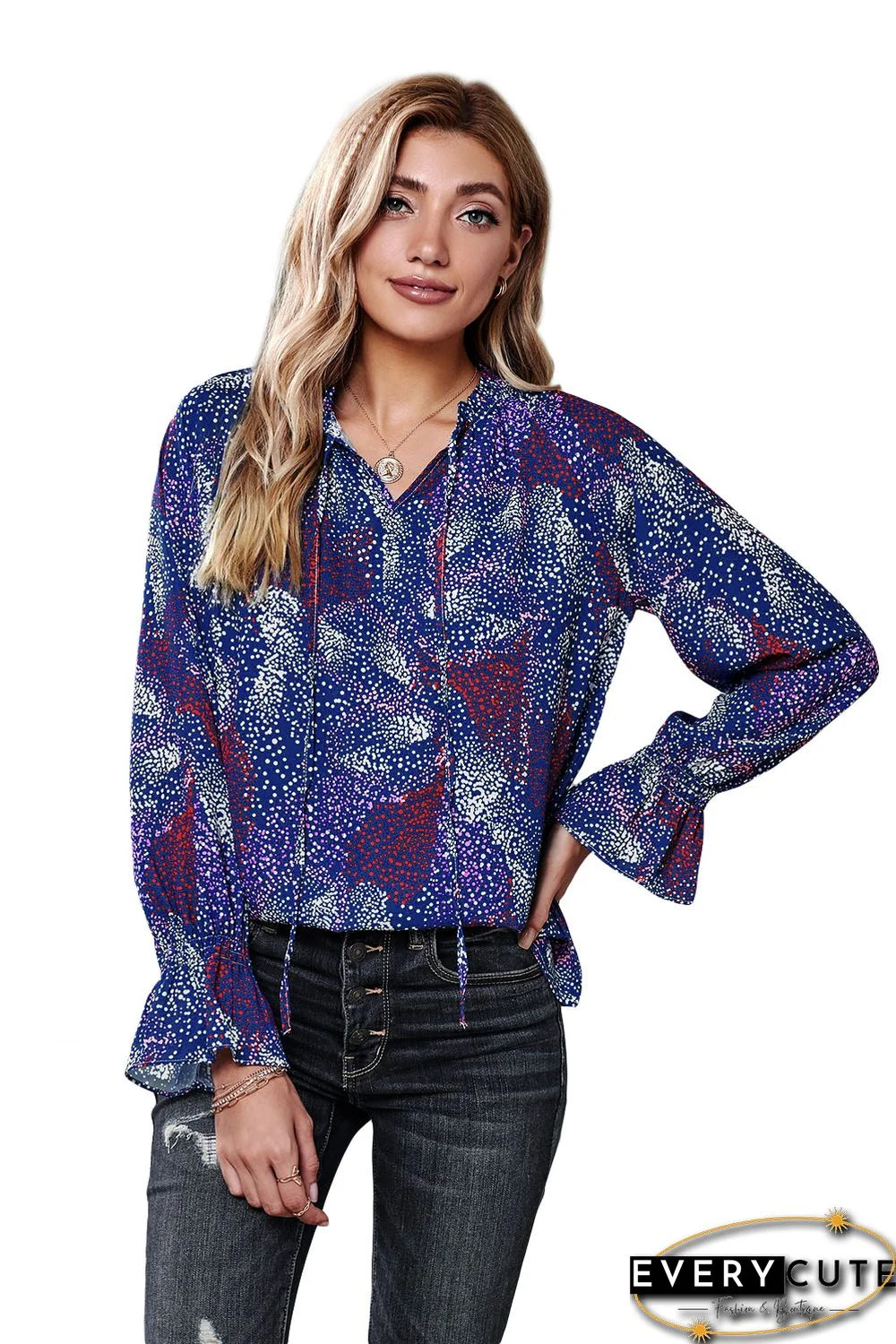 Blue Split Neck Printed Blouse