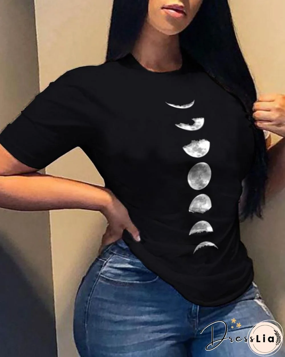 Moon Print Short Sleeve Casual T-shirt