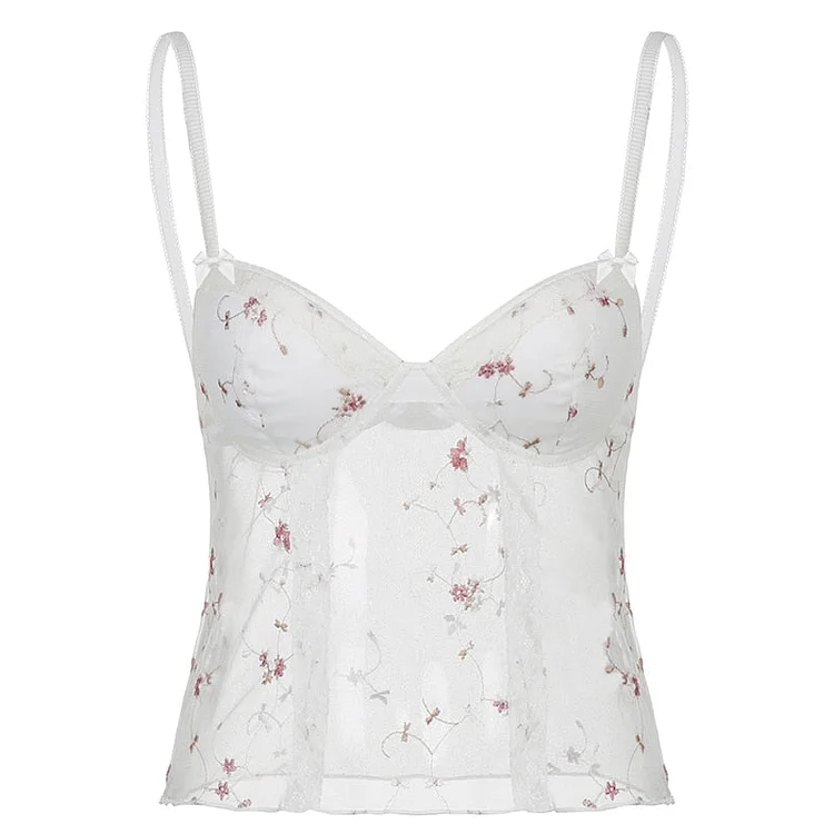 Rapcopter Y2K Lace Corset Top White Small Floral Retro Crop Top Mesh See Through Sexy Mini Vest Women Party Boho Beach Tee Chic