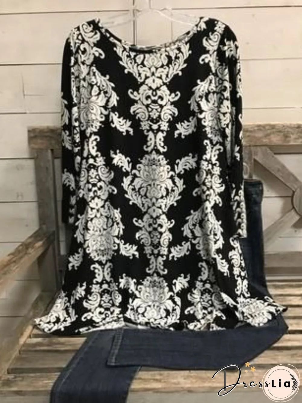 Casual Long Sleeve Round Neck Plus Size Printed Tops