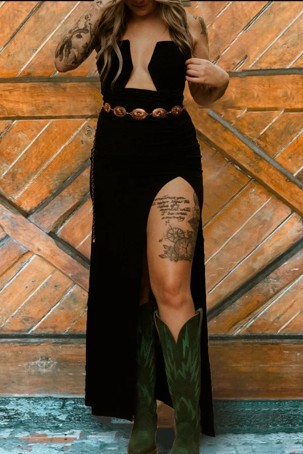 Nicole's Ruched Wire Split Maxi Dress