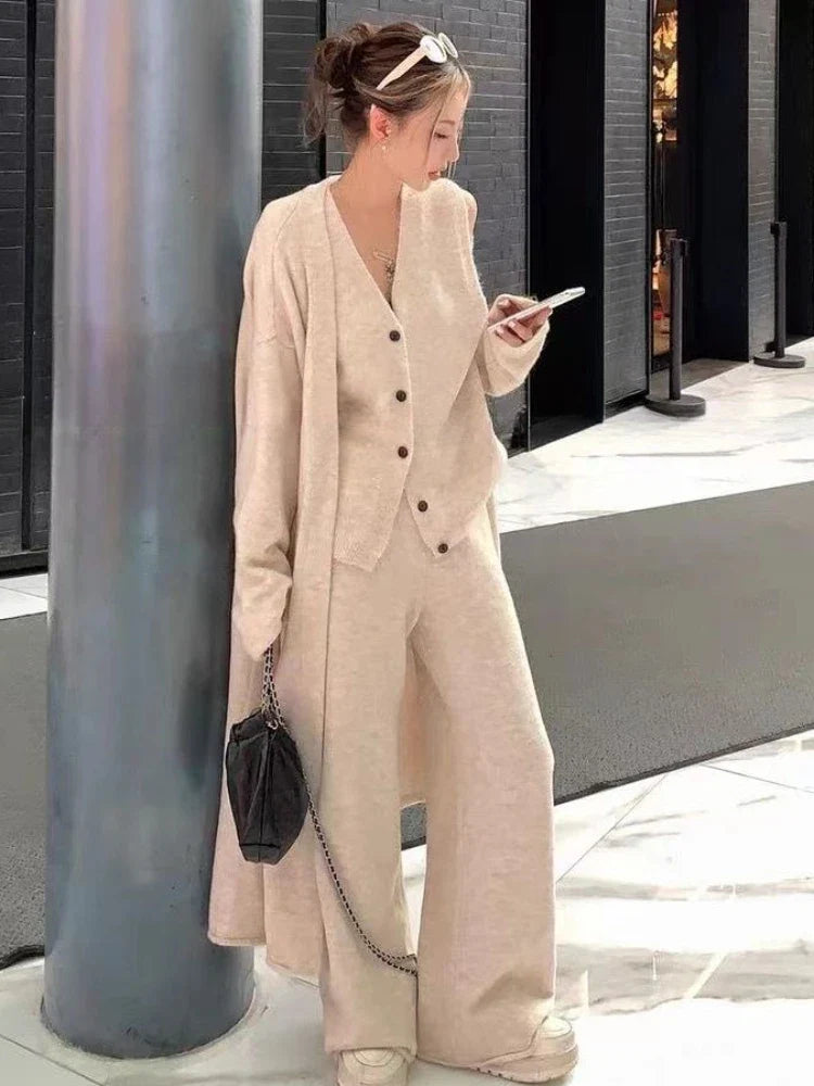 Aiertu Winter French Knitted Suits 3 Piece Set Women Casual Long Cardigan + Vintage Vest + Office Lady Long Pants Korean Fashion Aiertu