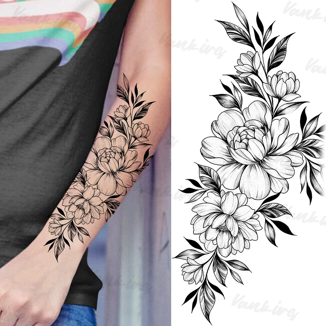 Sdrawing Peony Butterfly Temporary Butterfly Tattoos For Women Girls Realistic Snake Sun Fake Tattoo Sticker Leg Body Tatoos