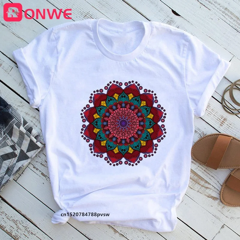 Mandala Flowers Stripes Thermo Funny Women T-shirt Girl  Summer 90S Print Tops Tee,Drop Ship