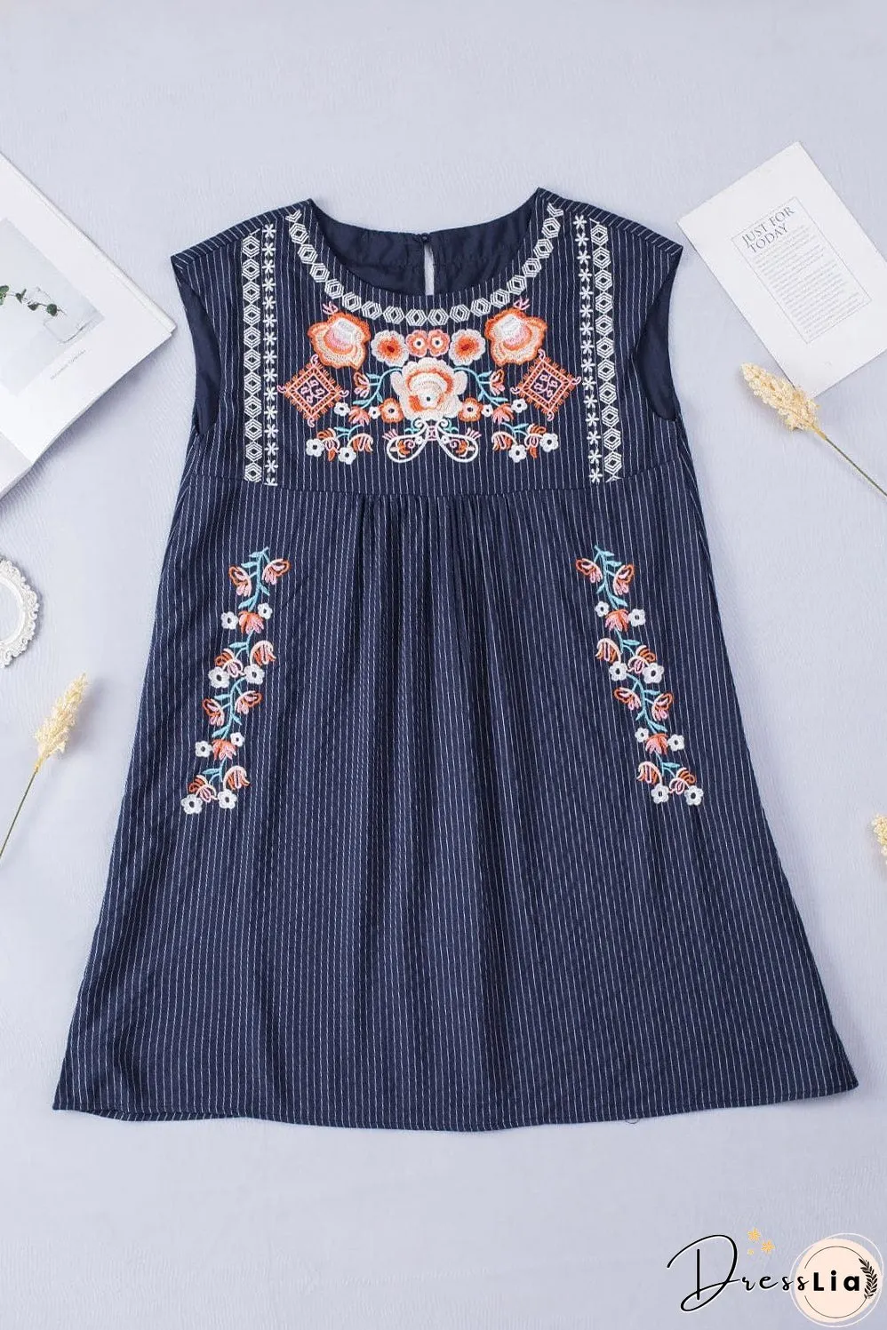 Blue Striped Embroidered Sleeveless Mini Dress with Southern Belle Style