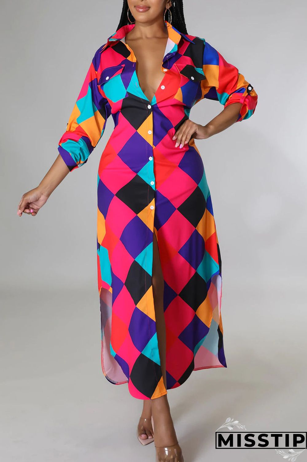 Blue Casual Print Patchwork Buckle Turndown Collar Shirt Dress Dresses