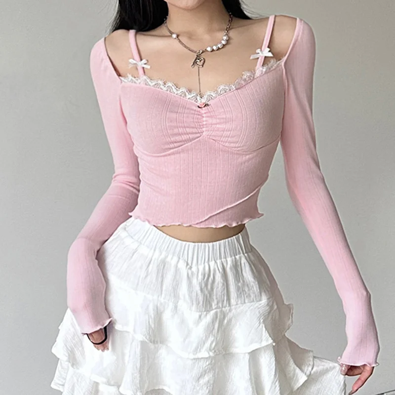 Huibahe Lace Stitching V-neck Skinny Top Pink Coquette Aesthetic Slim-fit Long Sleeve Knitted T-shirts Cute Casual Tees