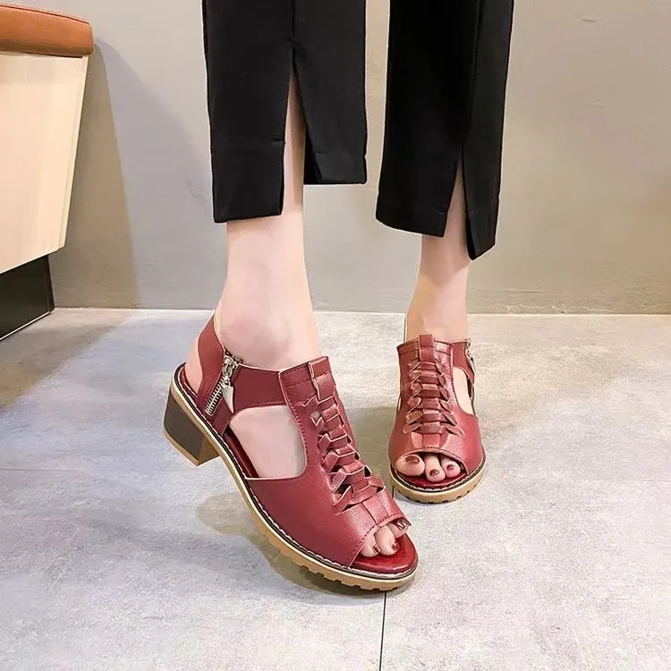 Breakj Breakj Summer New Women's Shoes Korean Version Of Coarse Sandals Side Zipper Leisure Slope And Solid Color Coarse Large-Size Sandals Women