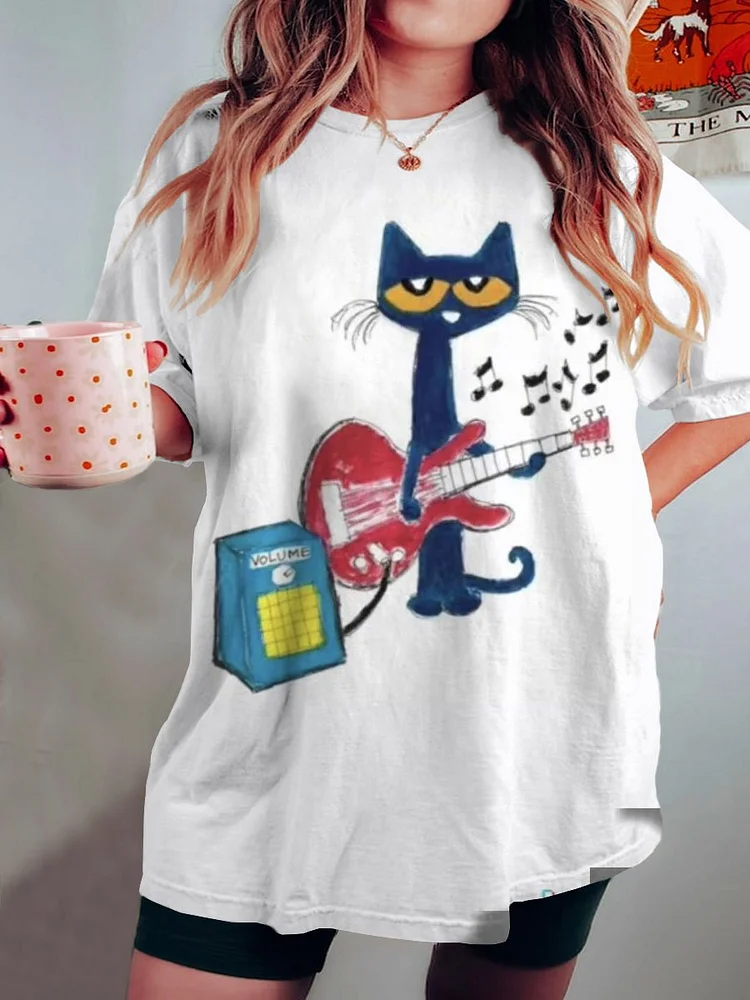Women's Rock Cat Art Print Crew Neck Causl Shirt