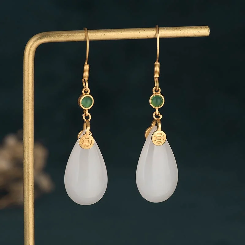 FengShui White Jade Luck Drop Earrings