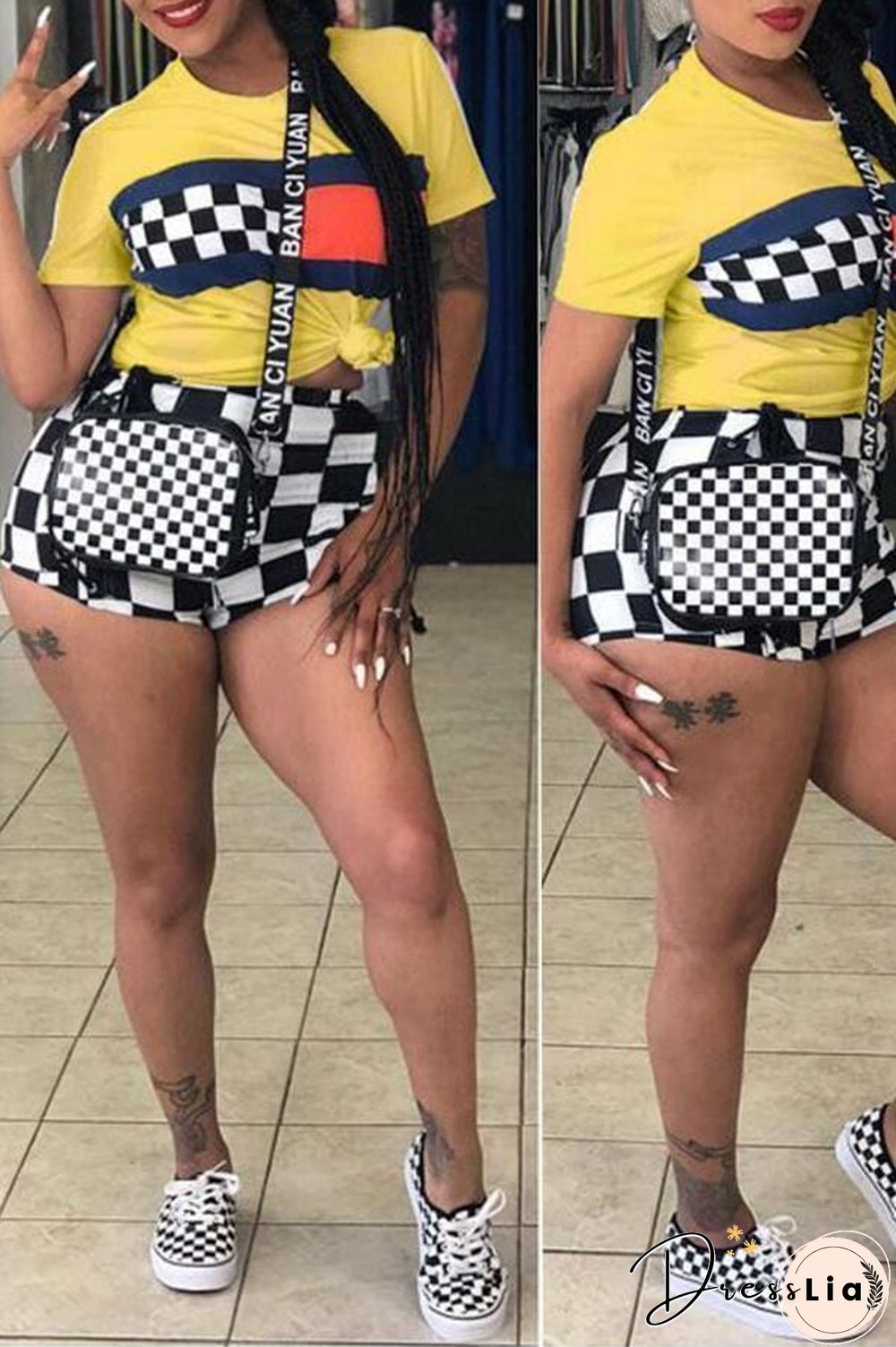 Casual Plaid Printed White Shorts Set