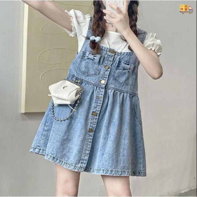 Large Size Women's Clothing Fat Denim Camisole Dress Summer Student Age-reducing Strap Learning