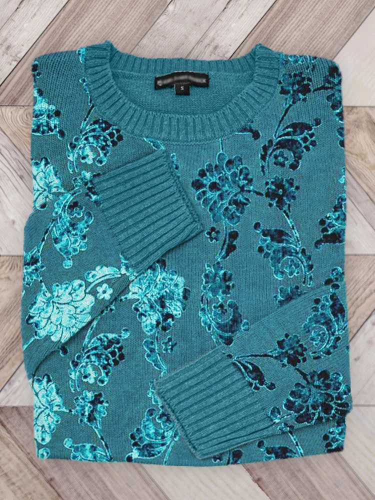 Turquoise Floral Velvet Art Knit Sweater