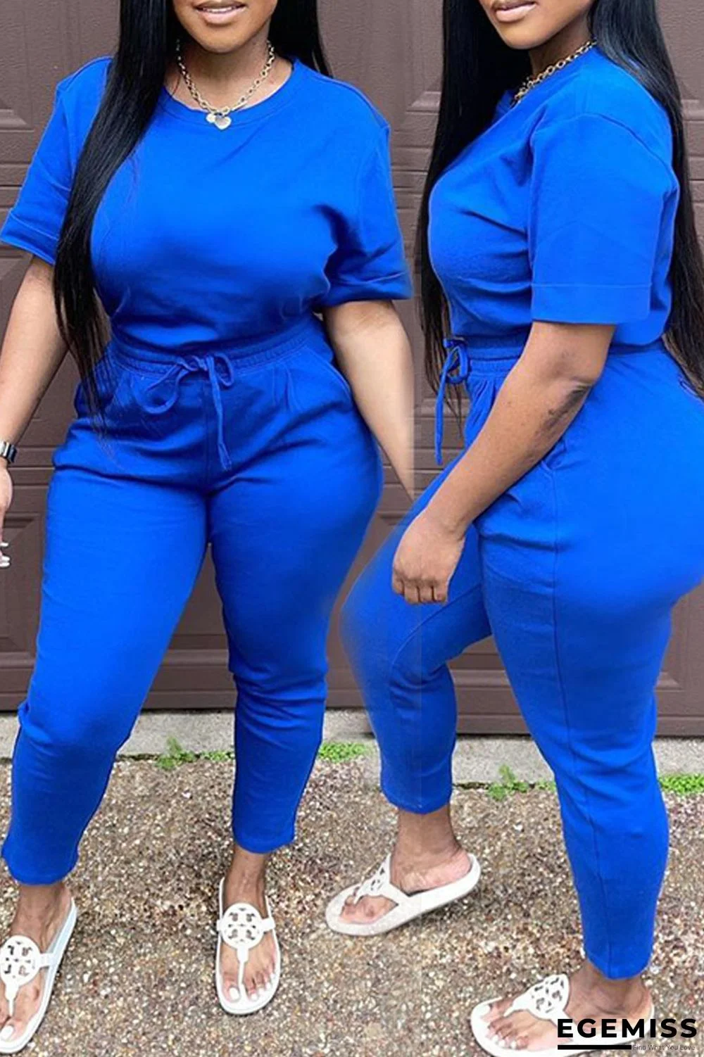 Blue Sexy Solid Patchwork O Neck Short Sleeve Two Pieces | EGEMISS