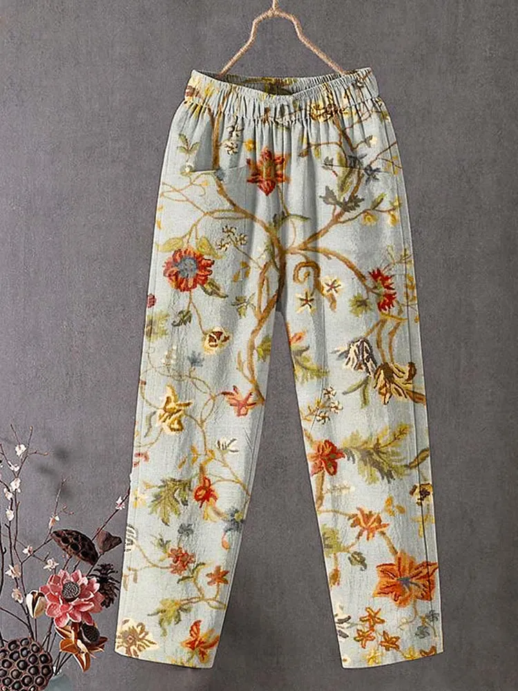 Women's Vintage Floral Art Printed Cotton And Linen Casual Pants