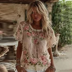 Women's Vintage Pink Flower Art Short Sleeve T-shirt - Image 2