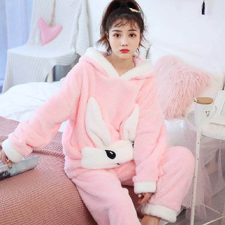 Cute Bunny Ear Bear Hooded Pajamas Set  - Modakawa Modakawa