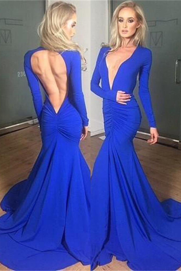 Luluslly Royal Blue Long Sleeves Prom Dress Mermaid Backless