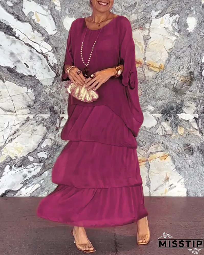 Women's Elegant Solid Color Top + Cake Skirt Two-Piece Set