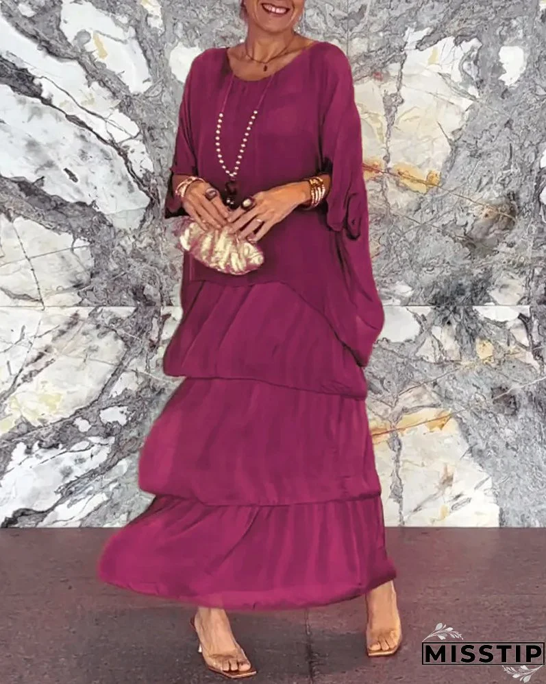 Women's Elegant Solid Color Top + Cake Skirt Two-Piece Set