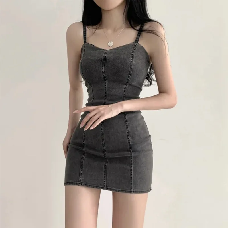 Woherb Woherb Chic Summer Retro Bright Line Design Sense Small Minority Slim Show Thin Bag Hip Jeans Sling Dress Female-Outfit Ideas