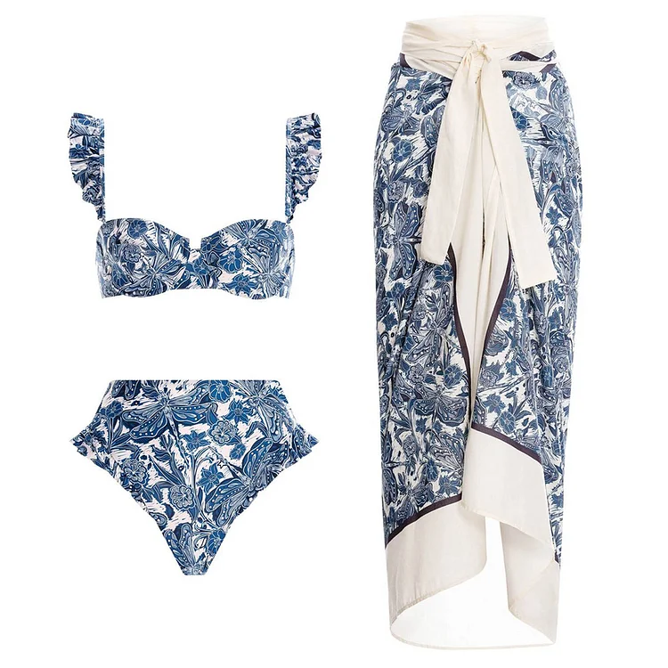 Vioye Blue Dragonfly Printed Swimsuit and Sarong