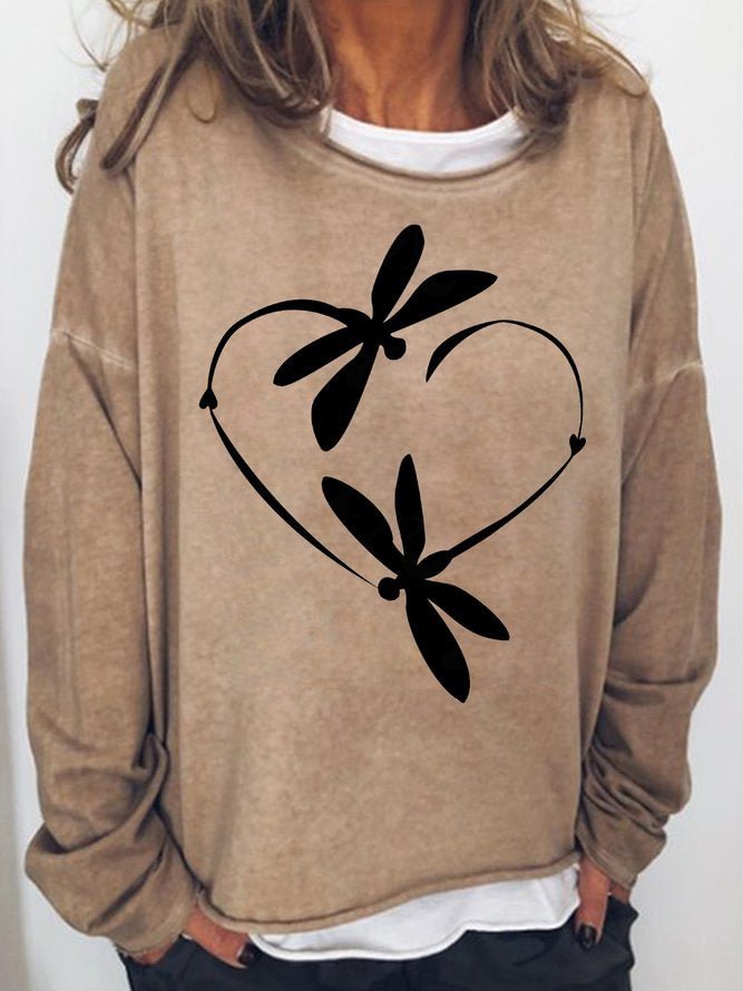 Long Sleeve Crew Neck Dragonfly Heart-shaped Printed Casual Sweatshirt