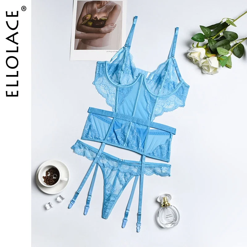 Ellolace Lingerie Hollow Out Bodysuit Bra with Bone Push Up Exotic Costumes Tops and Panties Body Sexy Outfit Sissy Black Tights