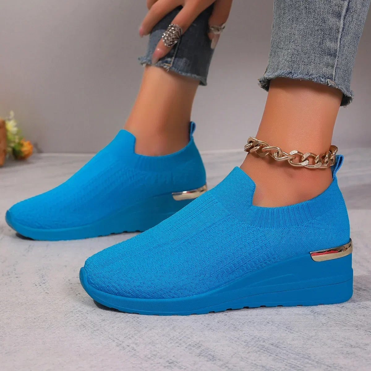 Tarewheels funky womens shoes Women's Wedges Slip-on Mesh Loafers Autumn New Platform Round Toe Casual Sports Shoes Ladies Fashion Breathable Single Shoes