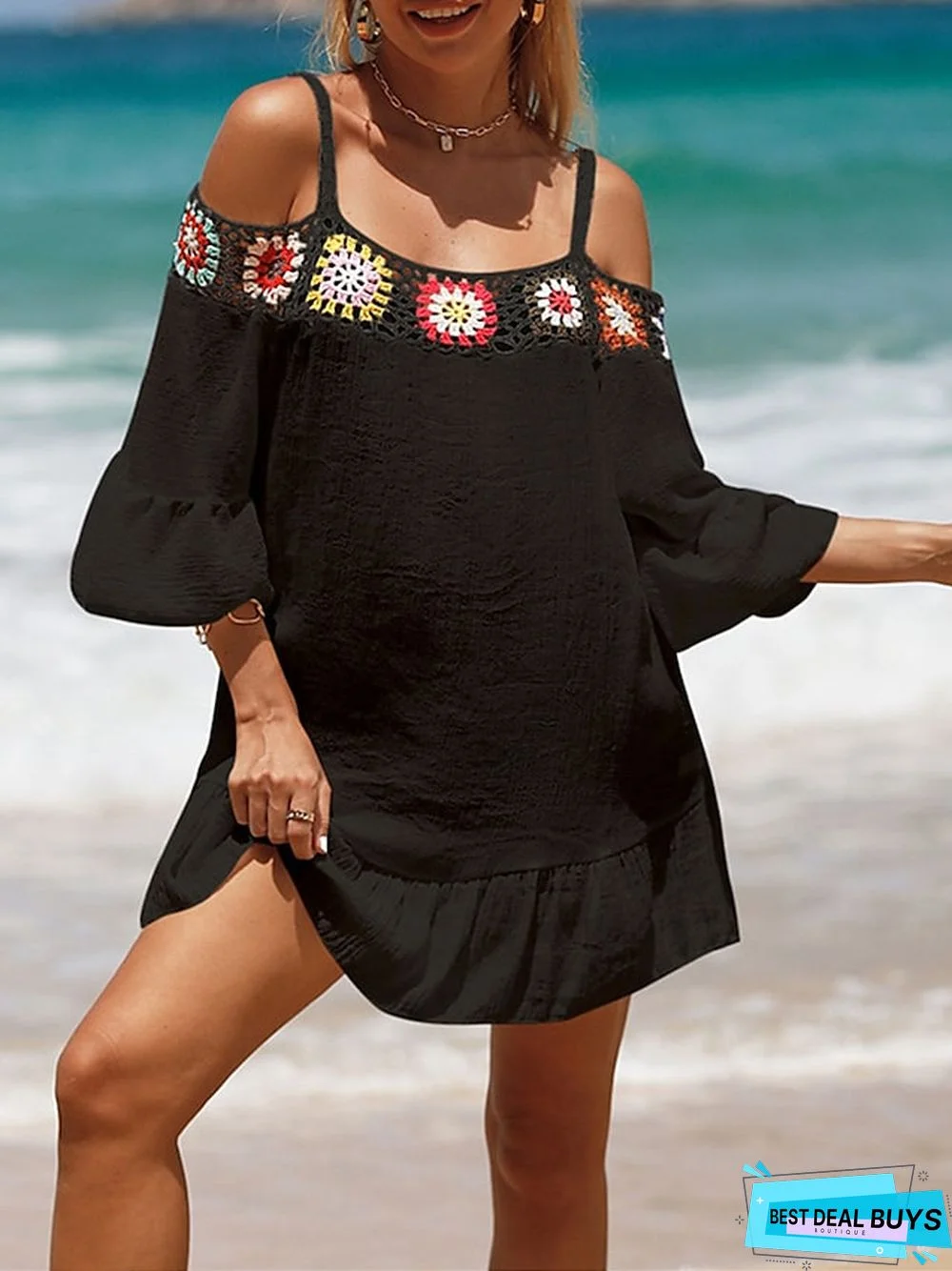 Women's Cover Up Beach Dress Beach Wear Mini Dress Ruffle Backless Ethnic Casual Floral Spaghetti Strap 3/4 Length Sleeve Loose Fit Outdoor Daily Black White 2023 Spring Summer One Size