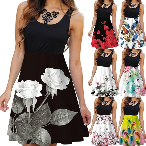 Summer Women Round Neck Dress Casual Sleeveless Dress Floral Printed Dress Slim Flower Dress - Shop Trendy Women's Clothing | LoverChic