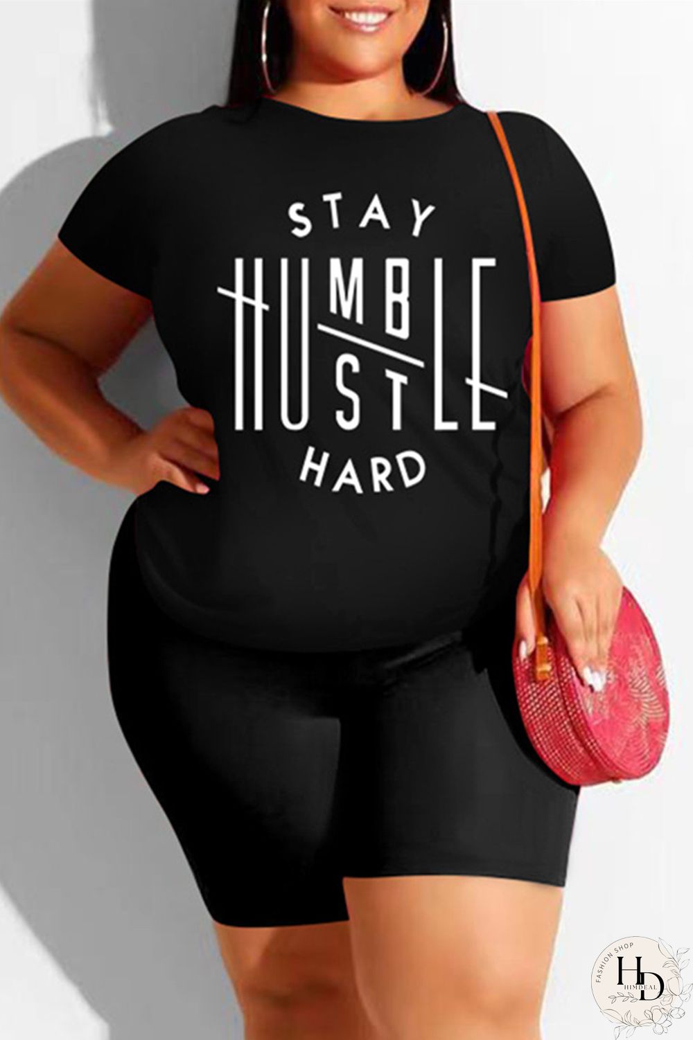 Black Fashion Casual Print Basic O Neck Plus Size Two Pieces