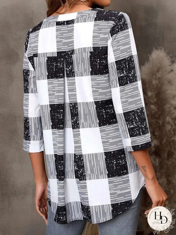 Blouses V-Neck Plaid Print Three-Quarter Sleeves Blouse for Women