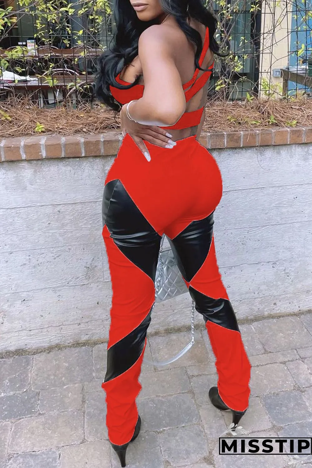 Red Fashion Casual Patchwork Backless One Shoulder Sleeveless Two Pieces