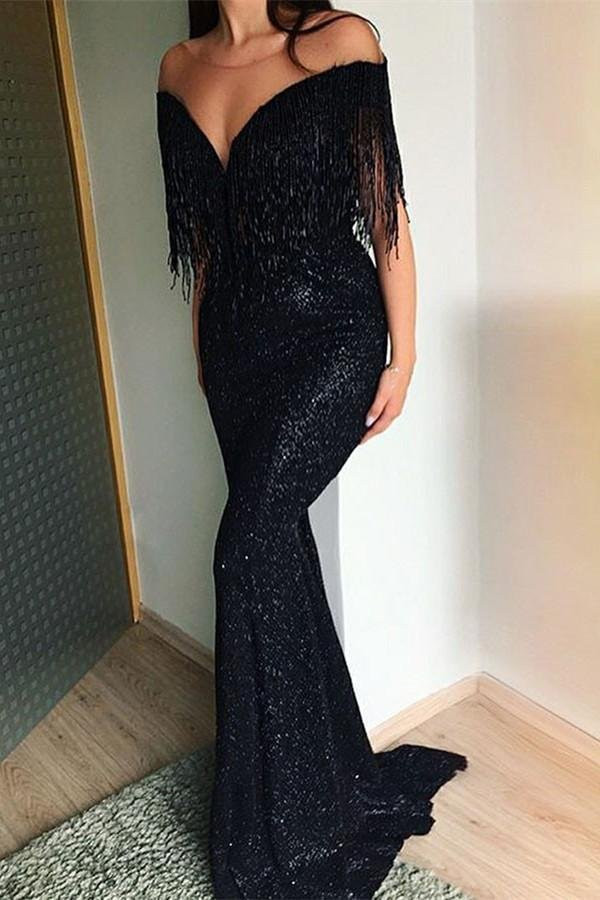 Oknass Black Sequins Tassles Mermaid Prom Dress