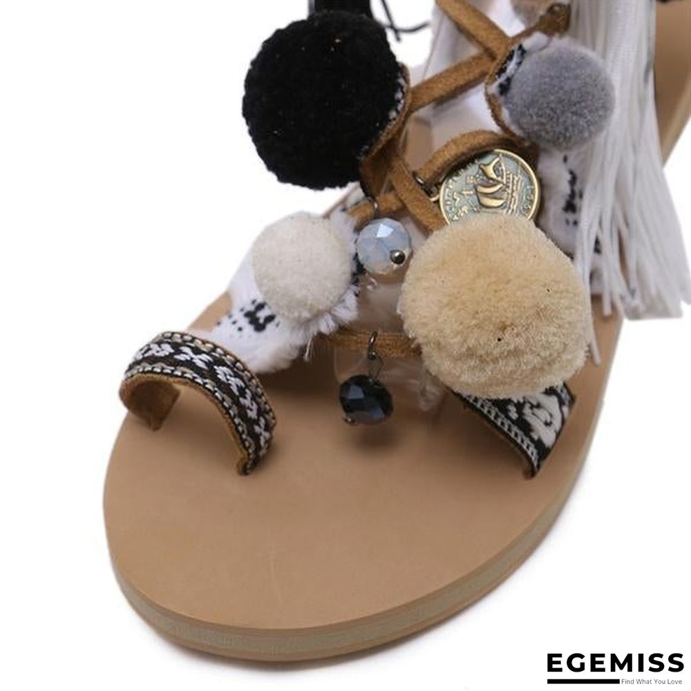 Bohemia Style Fringed Pompoms Gladiator Sandals Cross Strap Tie up Flats Sandals | EGEMISS