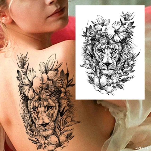 Large Tiger Lion Black Flower Fake Tattoo Sticker For Women Rose Fox BirdTemporary Tattoos DIY 3D Water Transfer Tatoos Girl Man