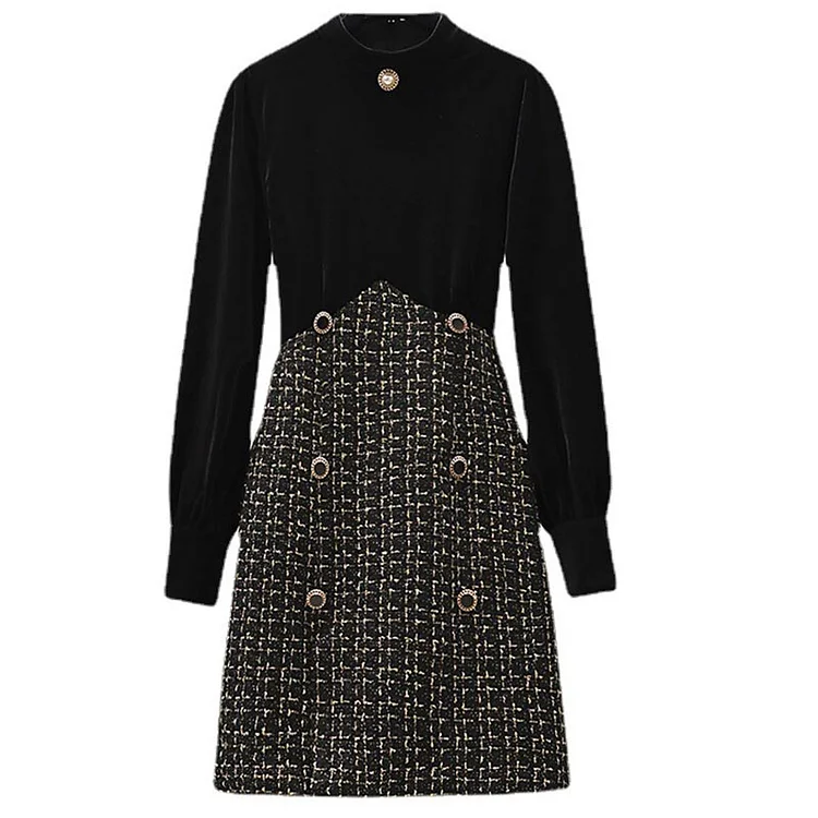 Plaid Print Double Button A-line Dress - Modakawa modakawa