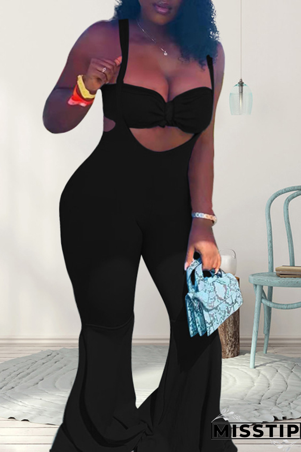 Fluorescent Green Fashion Solid Hollowed Out Spaghetti Strap Sleeveless Two Pieces