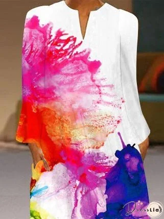 Women's Dresses Loose V-Neck Printed Pocket Long Sleeve Dress
